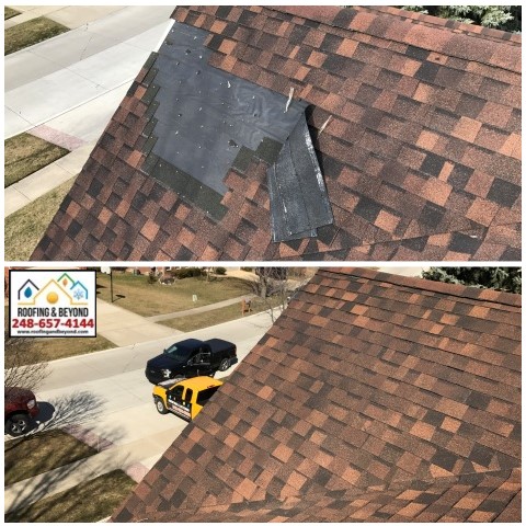 Before and After Roof Repair of Wind Damaged Shingles 