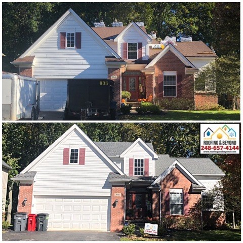 Roof Replacement Before and After - New Shingles GAF Timberline HDZ Williamsburg Slate 