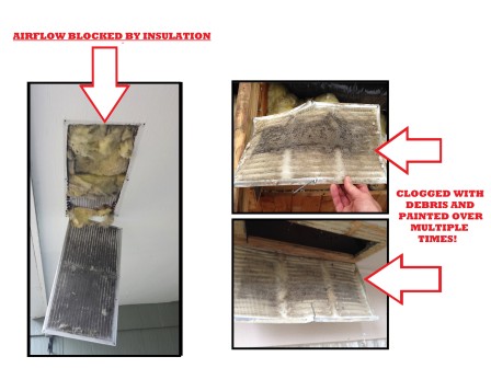 Undereave Soffit Vents Plugged With Insulation Restricting Intake Ventilation 