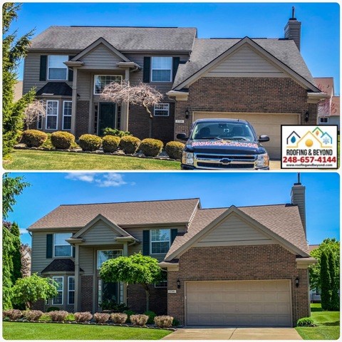 Roof Replacement Before and After - New Shingles GAF Timberline HDZ Barkwood 
